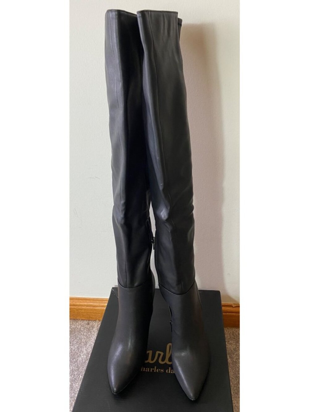 Charles David Debutante Black Over-The-Knee Stiletto Boots Size 7.5M Side Zip - Picture 6 of 9